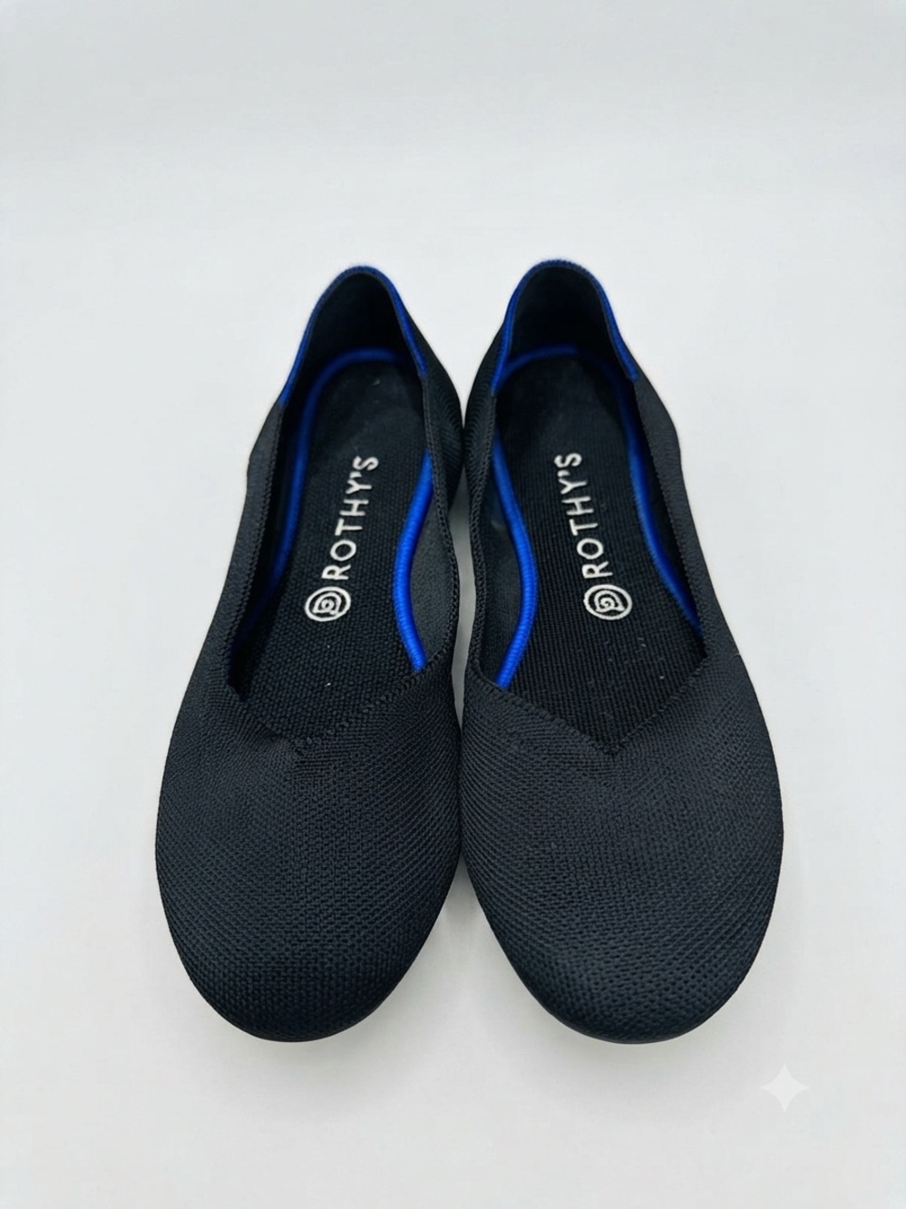 Rothy’s The Flat Black Knit Ballet Flats Blue Trim Washable Women’s 9.5